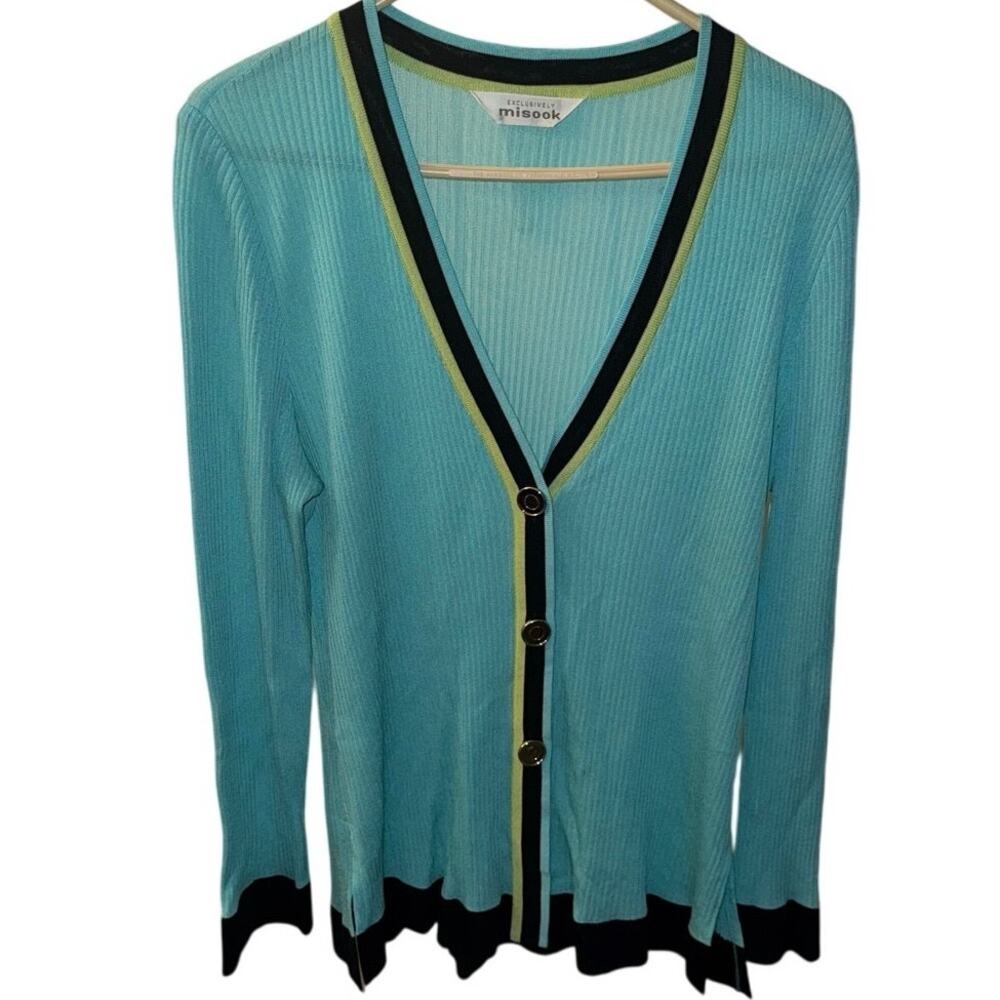 Exclusively Misook Women's Aqua, Black, Lime Green Ribbed Knit Cardigan‎ Size S